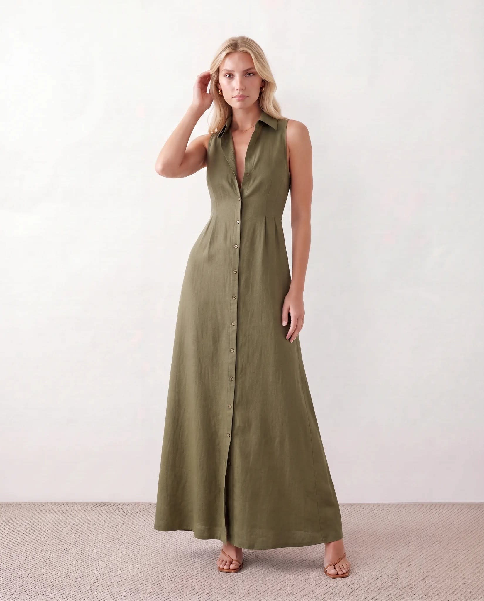 Women's Button Front Sleeveless Maxi Dress | Lavinia_9