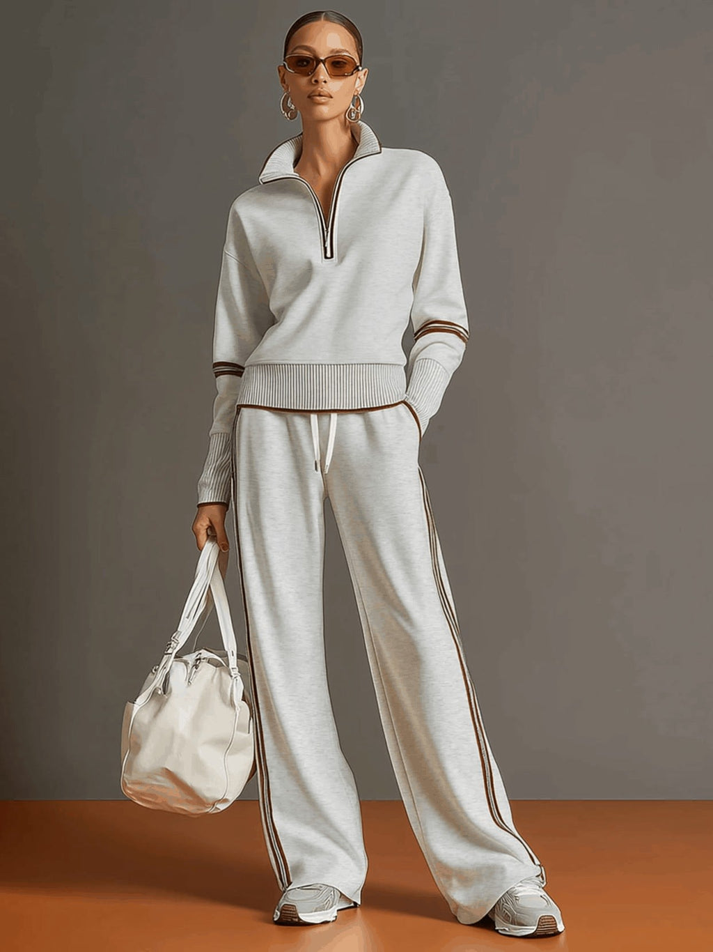 Women's Half Zip Wide Leg Two Piece Set | Lysandra_2