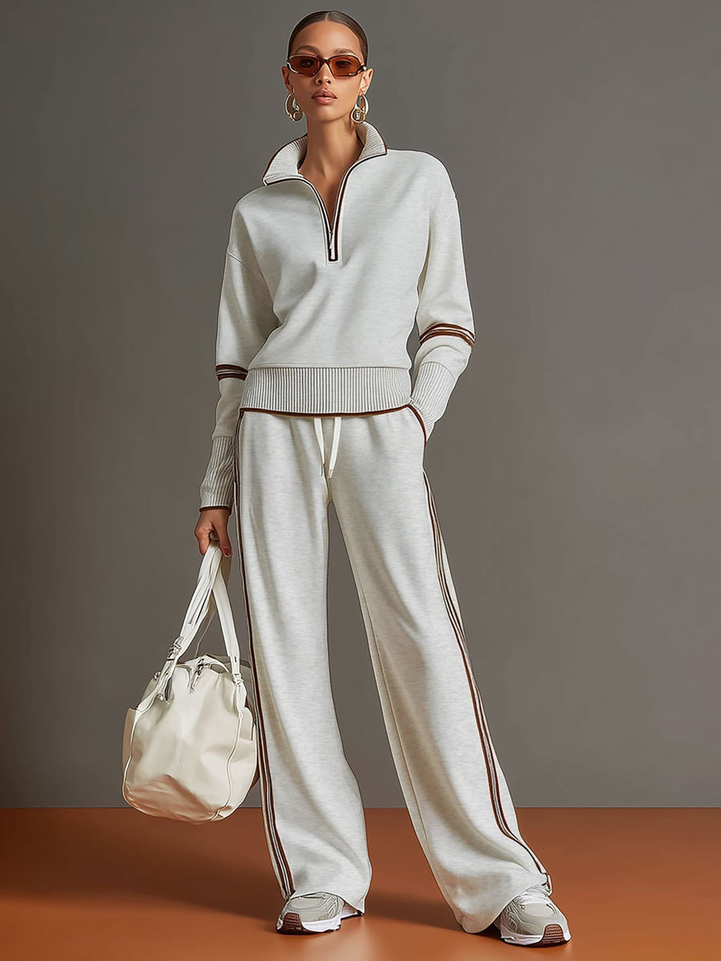 Women's Half Zip Wide Leg Two Piece Set | Lysandra_4