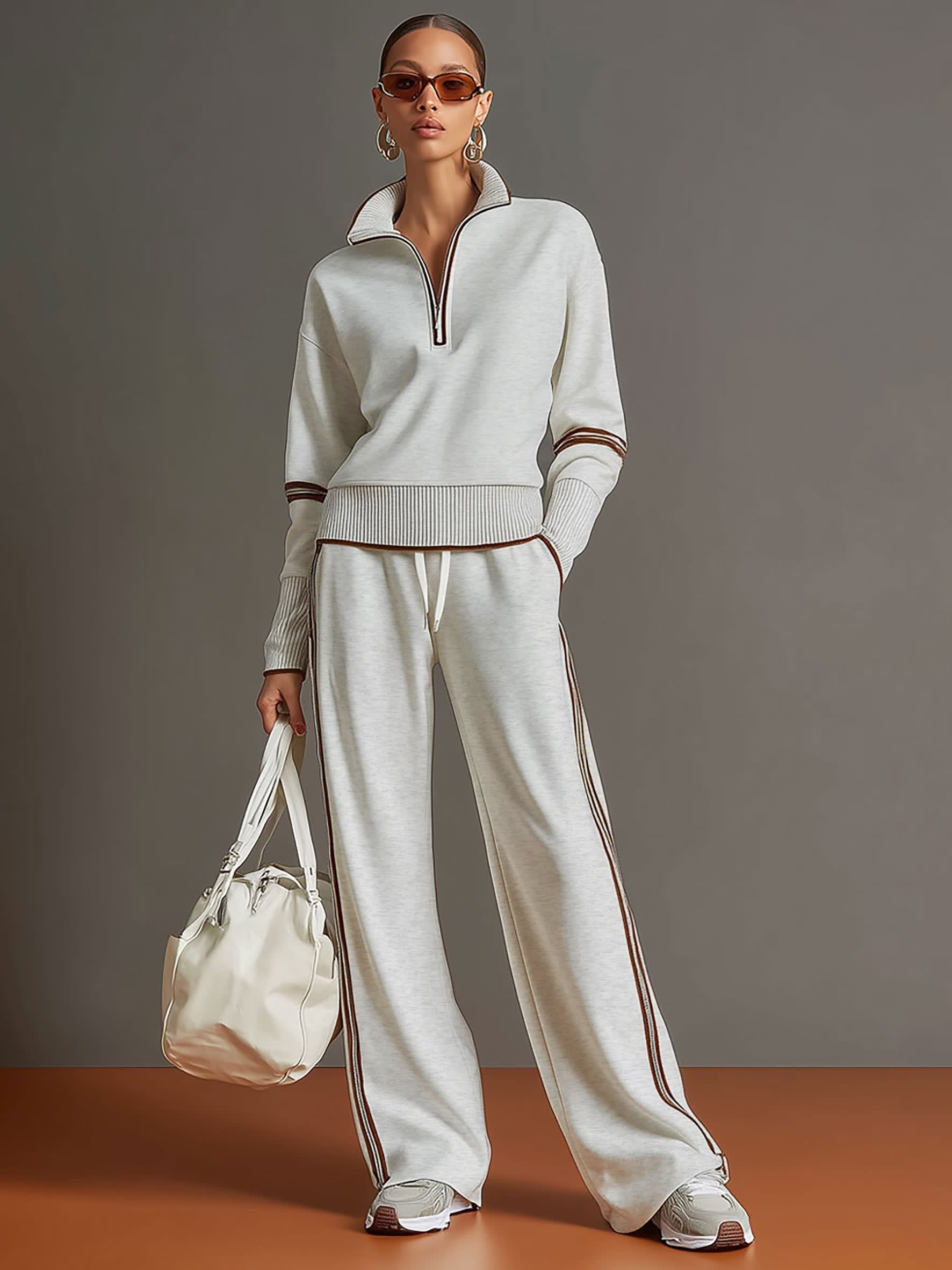 Women's Half Zip Wide Leg Two Piece Set | Lysandra_4