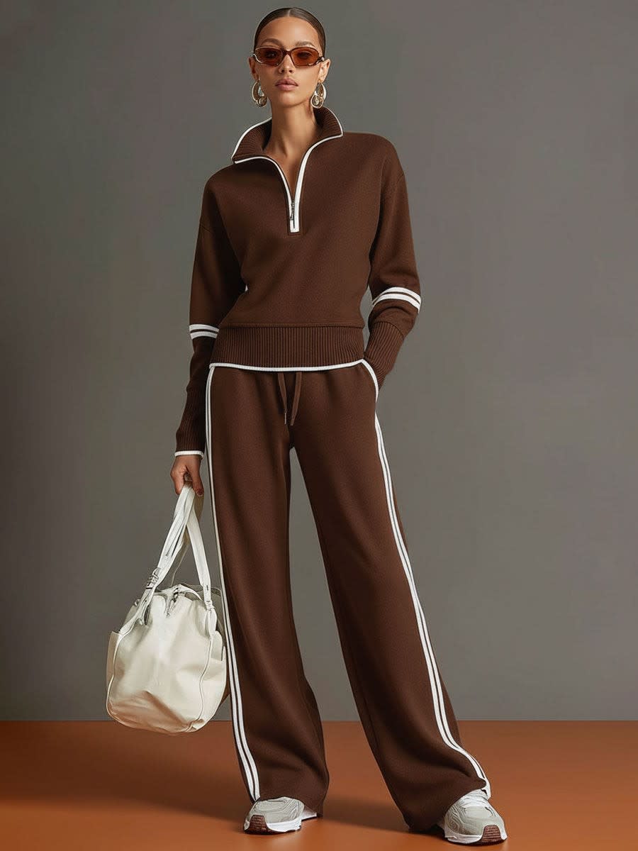 Women's Half Zip Wide Leg Two Piece Set | Lysandra_8