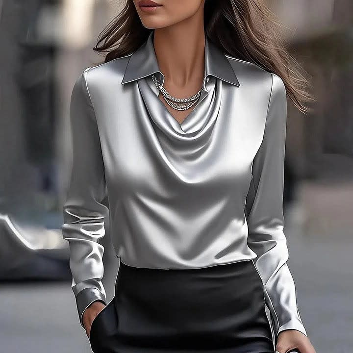 Women's Satin Draped Neck Blouse | Sidony_3