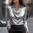 Women's Satin Draped Neck Blouse | Sidony_3