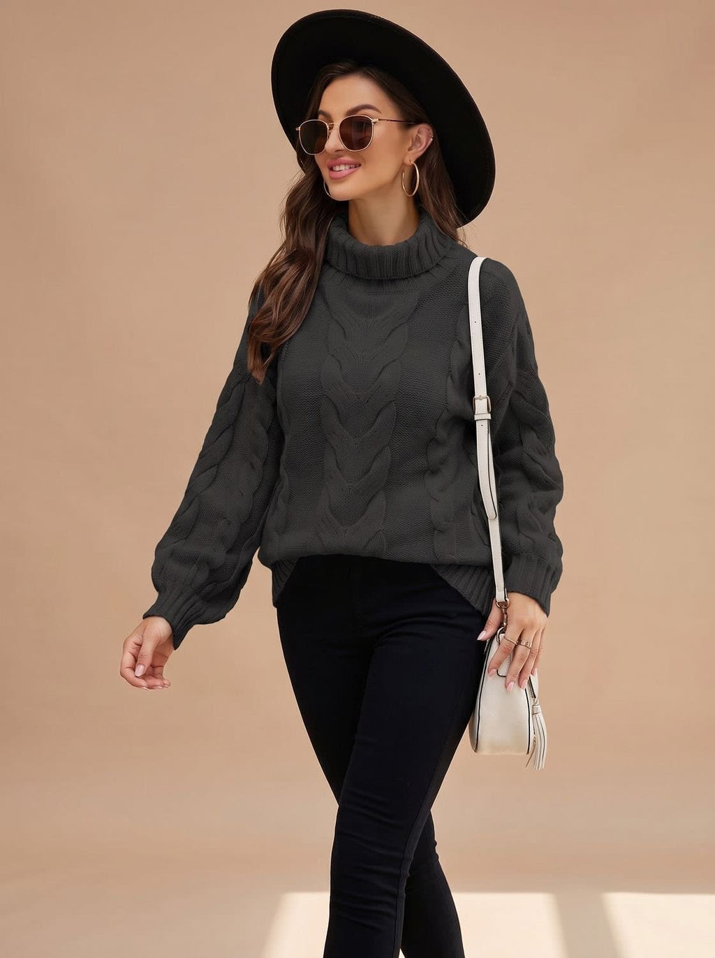 Women's Relaxed Chunky Cable Turtleneck Sweater | Larkin_2