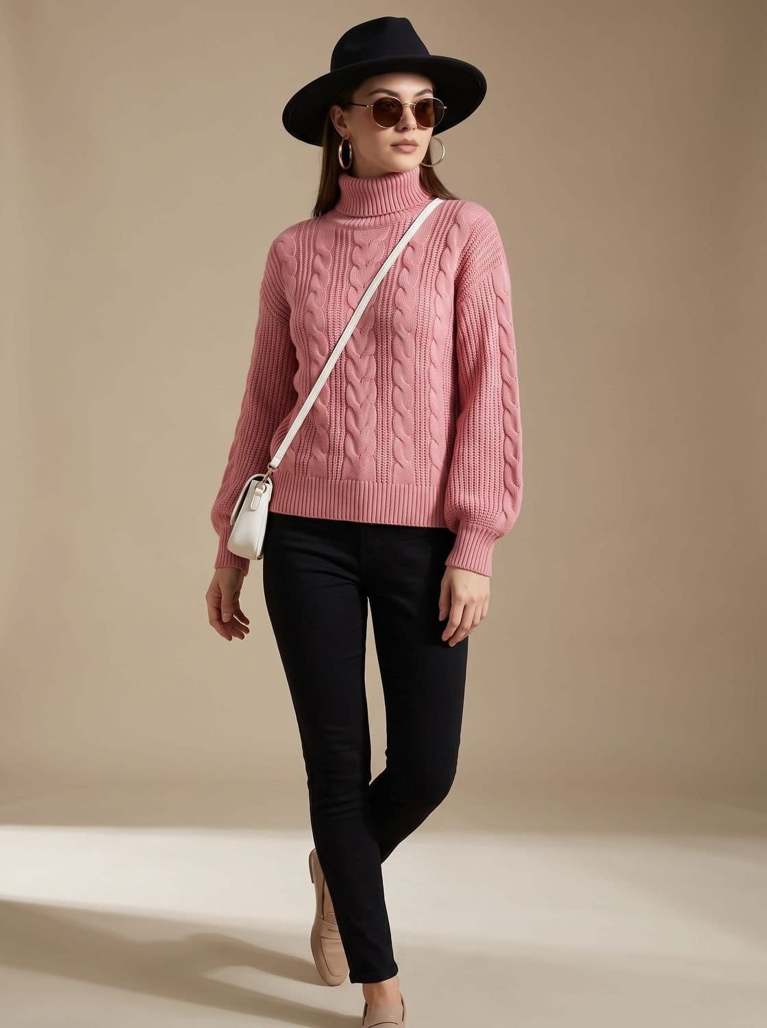 Women's Relaxed Chunky Cable Turtleneck Sweater | Larkin_3