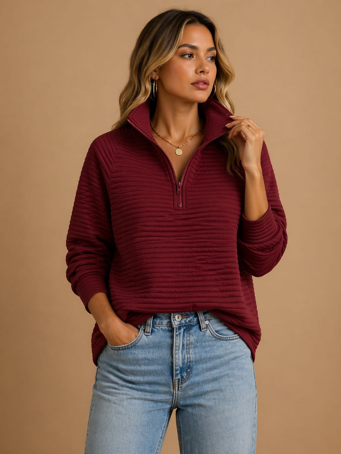 Women's Half Zip Funnel Neck Sweater | Honora_3