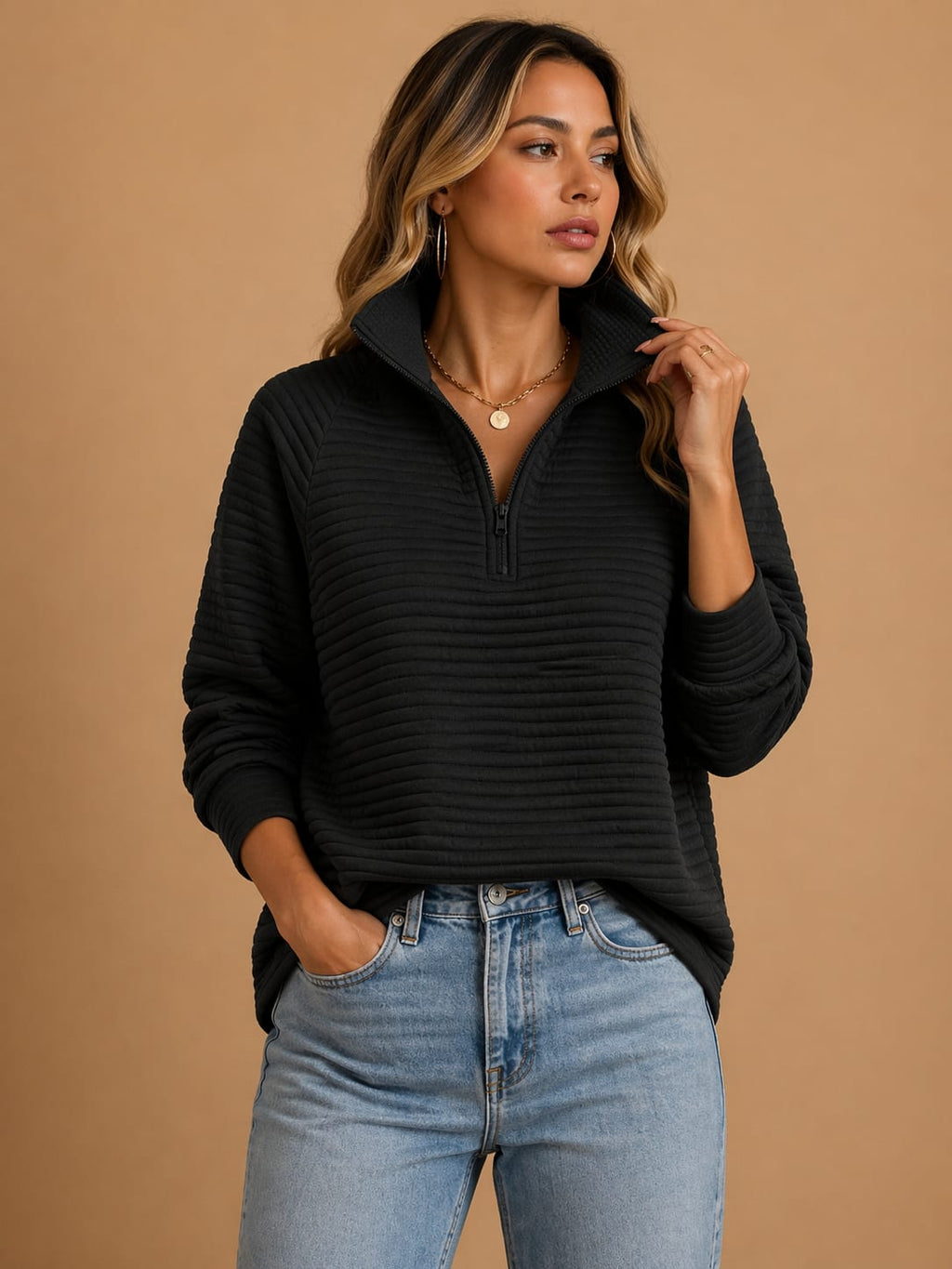 Women's Half Zip Funnel Neck Sweater | Honora_4
