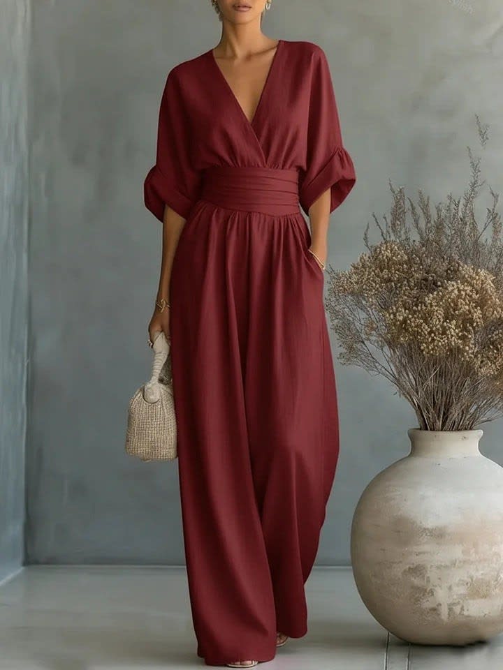 Women's V Neck Wide Leg Jumpsuit | Daventry_4
