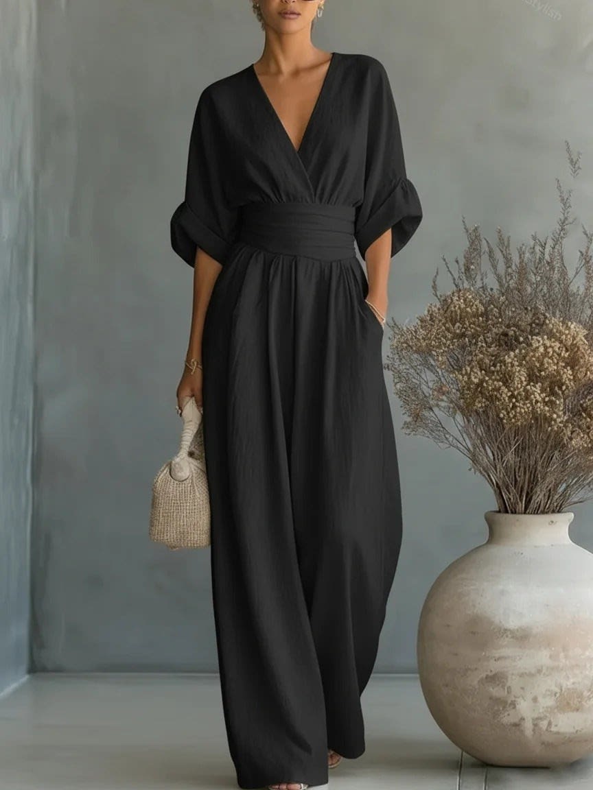 Women's V Neck Wide Leg Jumpsuit | Daventry_5