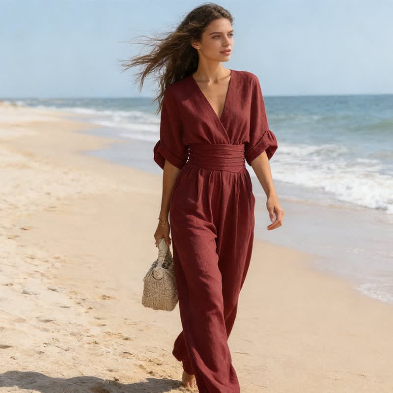 Women's V Neck Wide Leg Jumpsuit | Daventry_7