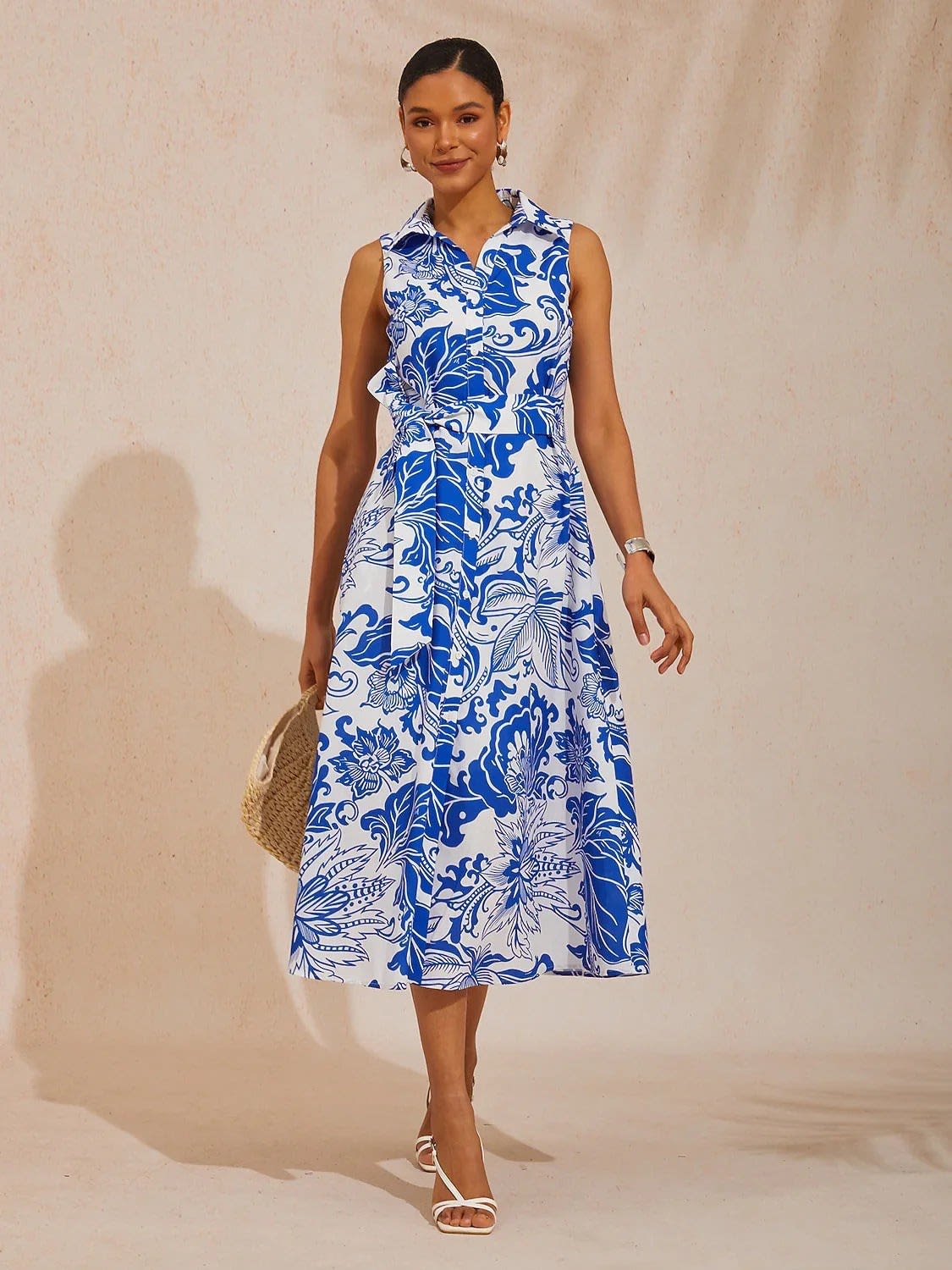 Women's Floral Print Sleeveless Shirt Dress | Olwen_1