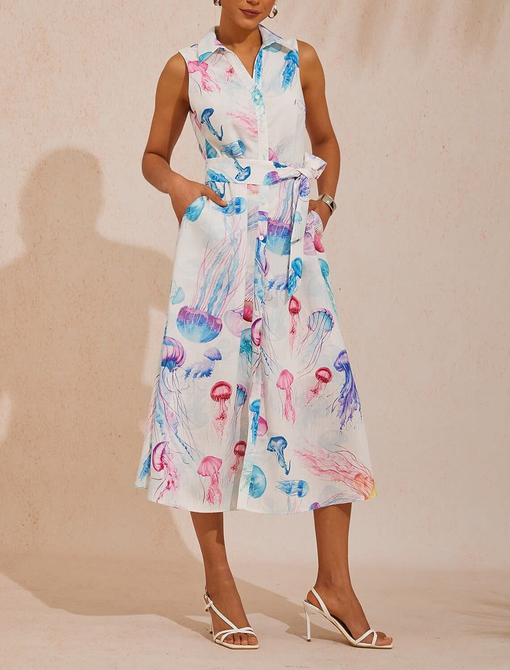 Women's Floral Print Sleeveless Shirt Dress | Olwen_10