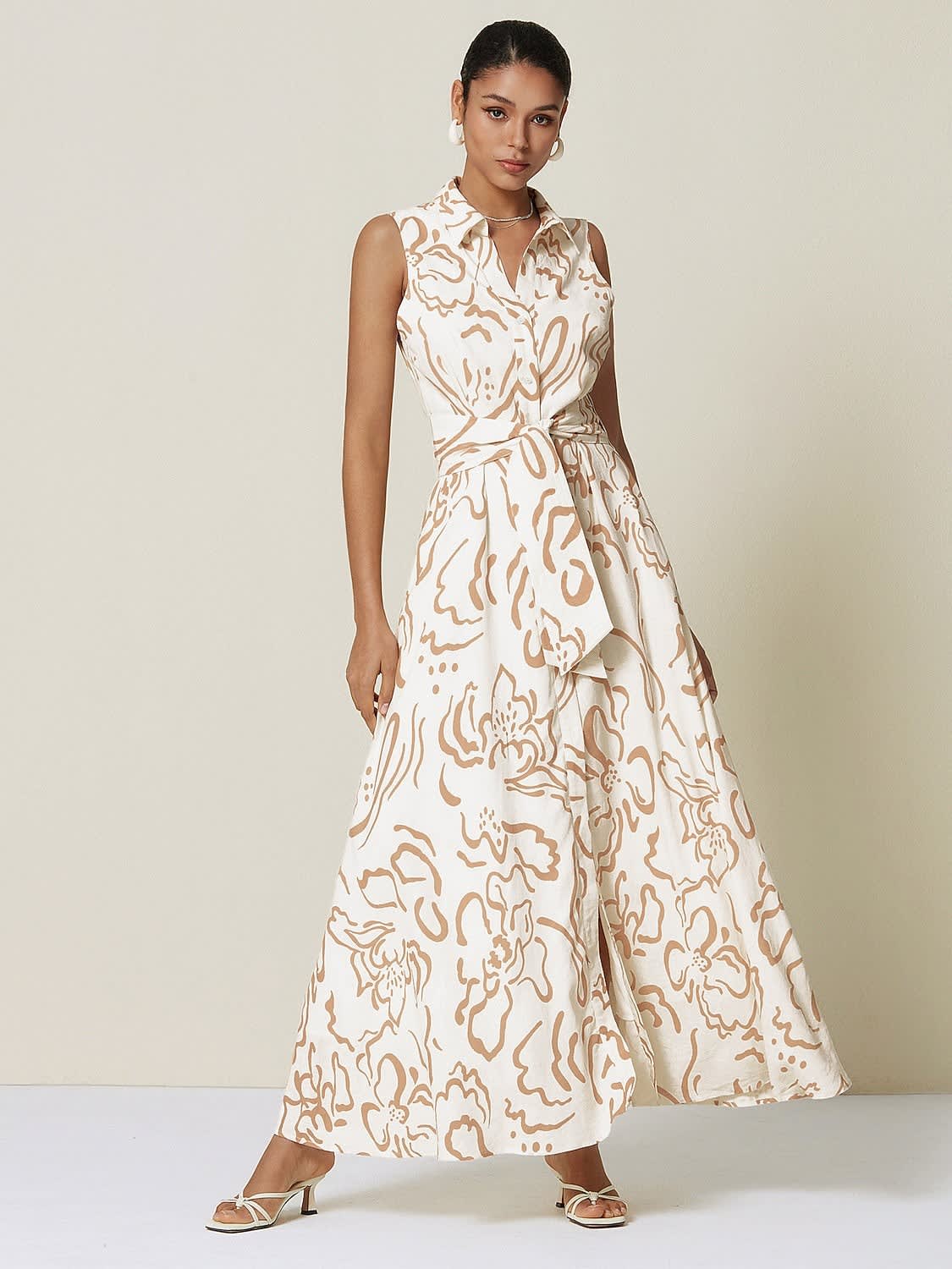 Women's Floral Print Sleeveless Shirt Dress | Olwen_13
