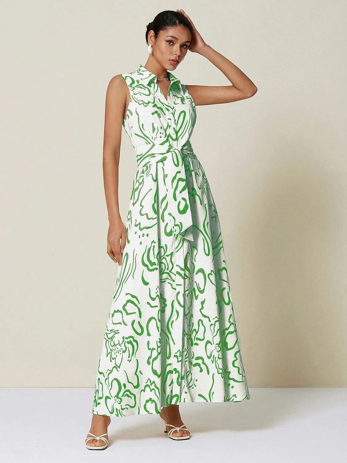 Women's Floral Print Sleeveless Shirt Dress | Olwen_15