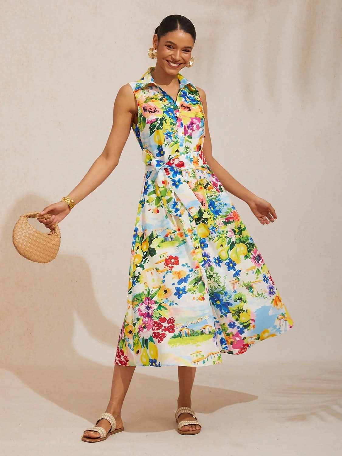 Women's Floral Print Sleeveless Shirt Dress | Olwen_5
