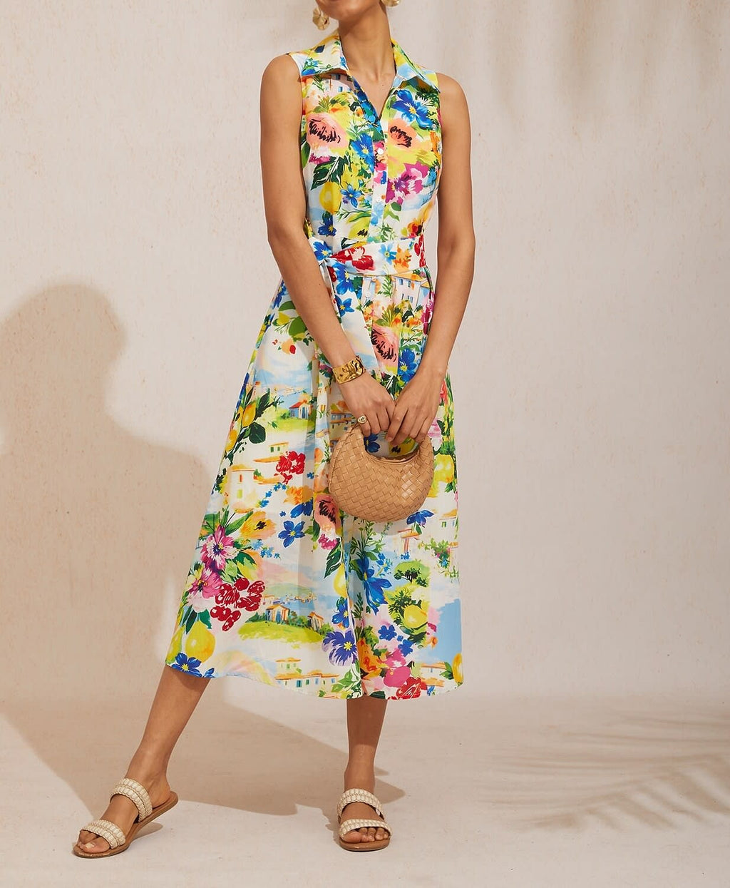 Women's Floral Print Sleeveless Shirt Dress | Olwen_6