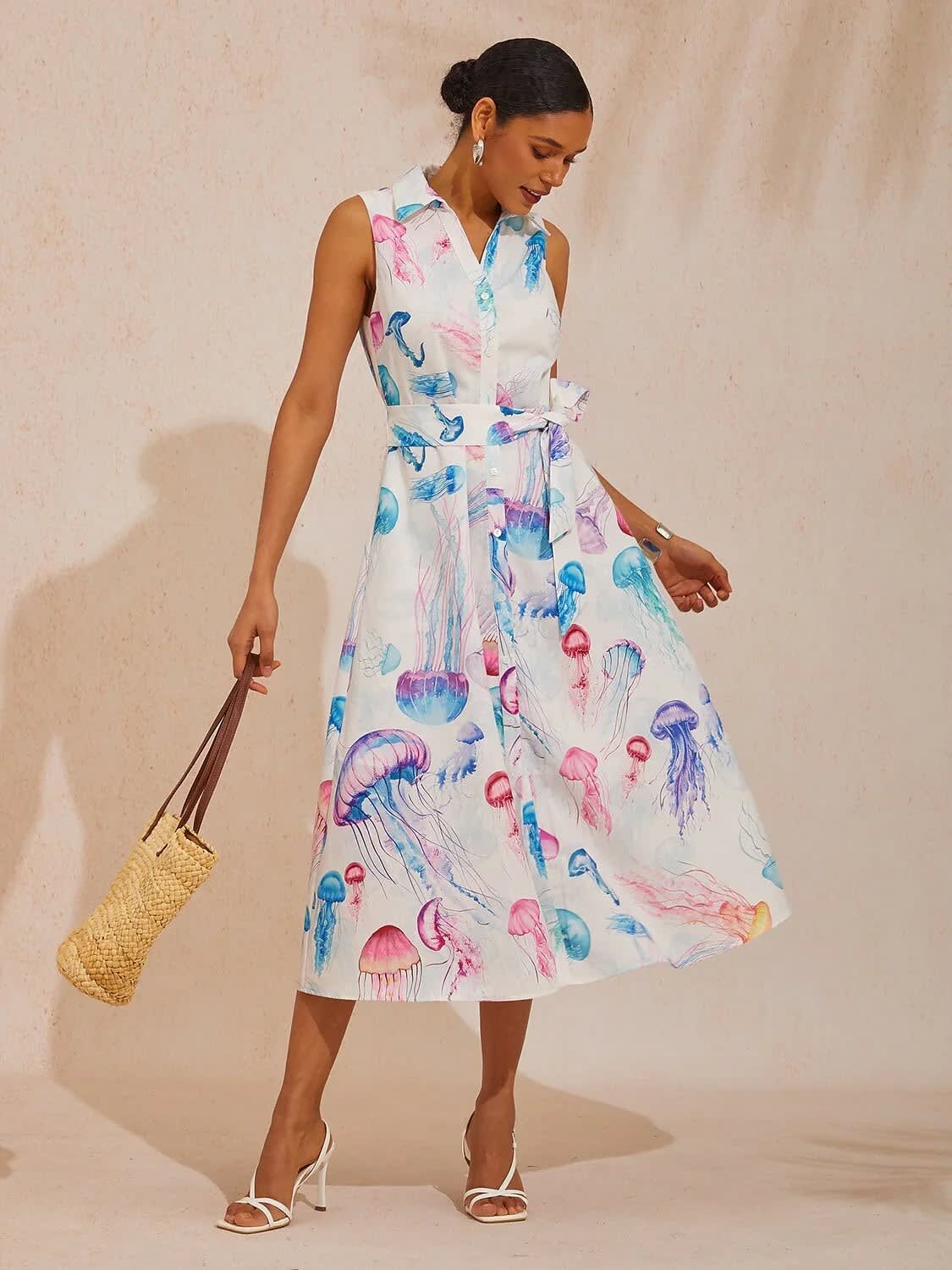 Women's Floral Print Sleeveless Shirt Dress | Olwen_9