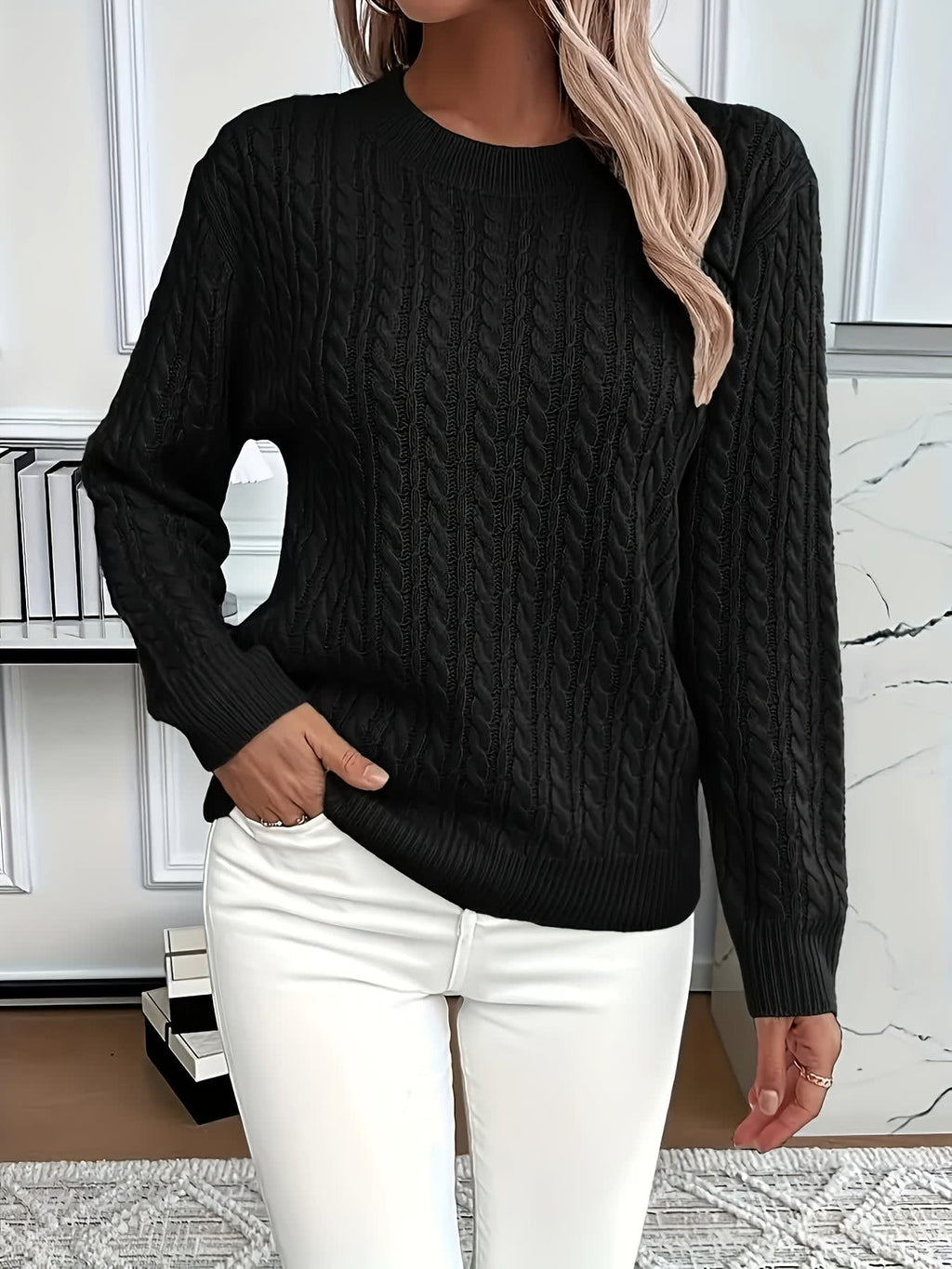Women's Cable Knit Crew Neck Sweater | Rowena_3