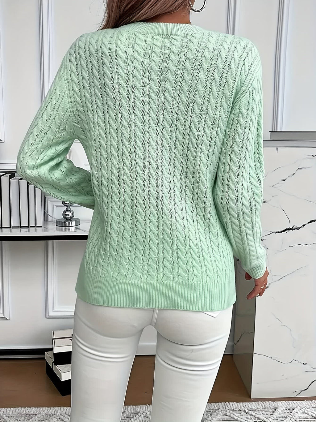 Women's Cable Knit Crew Neck Sweater | Rowena_5