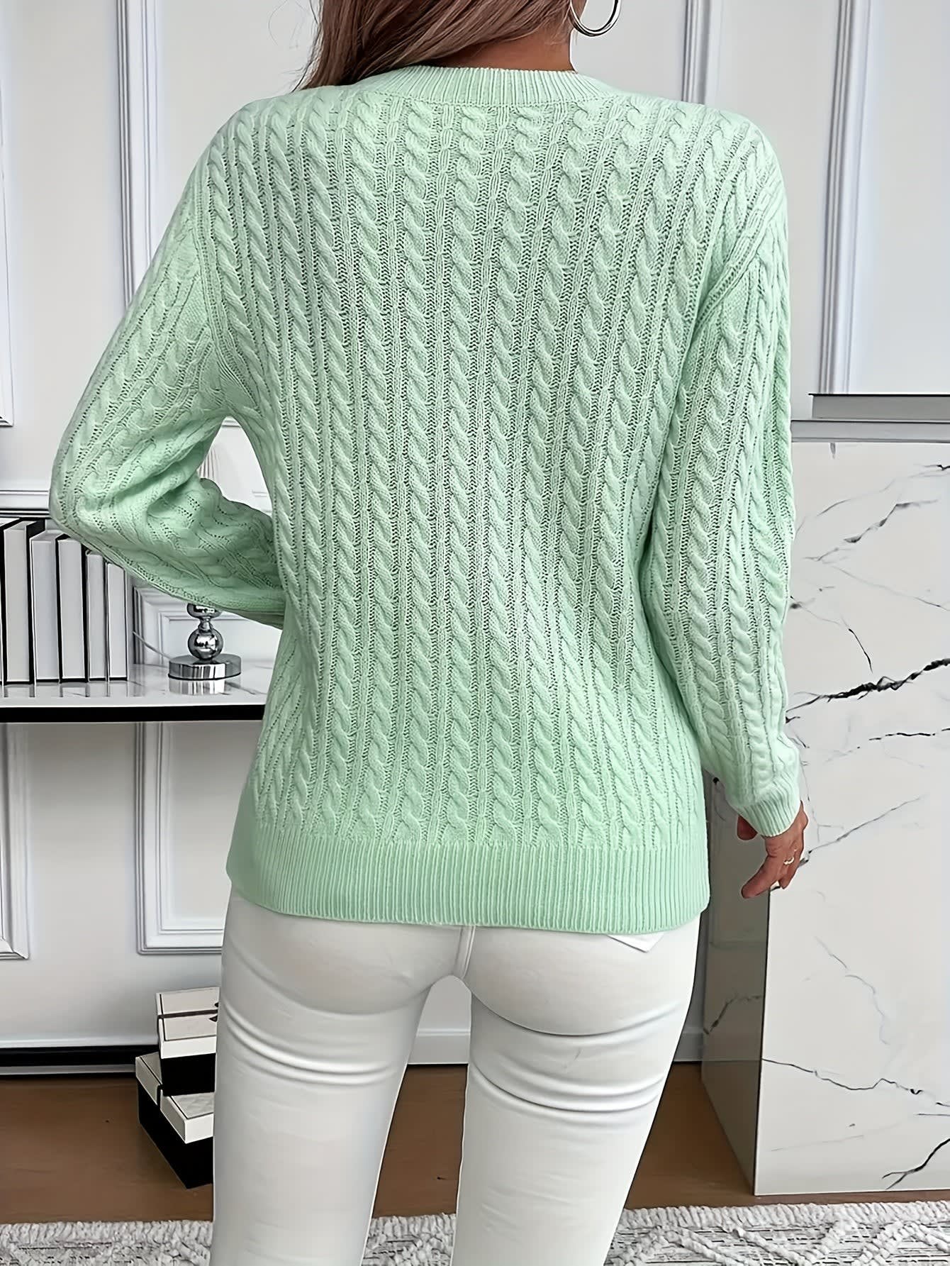 Women's Cable Knit Crew Neck Sweater | Rowena_5