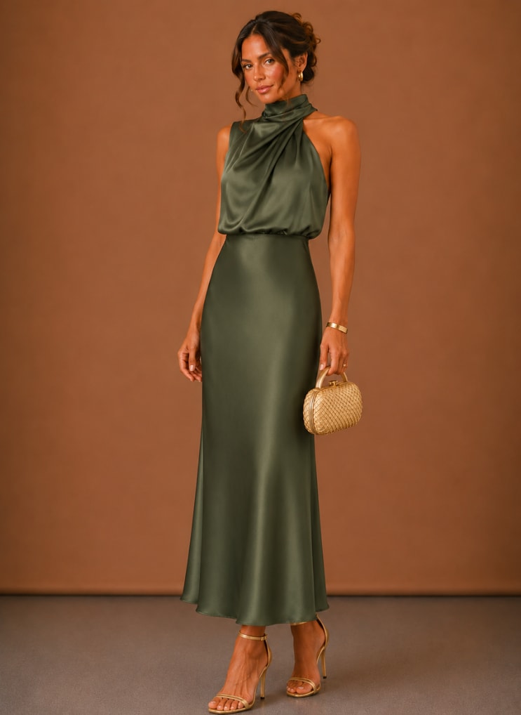 Women's Satin Halter Maxi Dress | Ffion_1