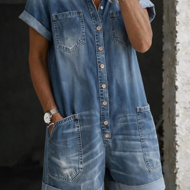 Women's Denim Button Front Romper | Adair_1