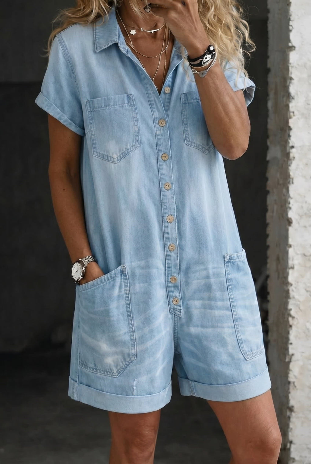 Women's Denim Button Front Romper | Adair_3