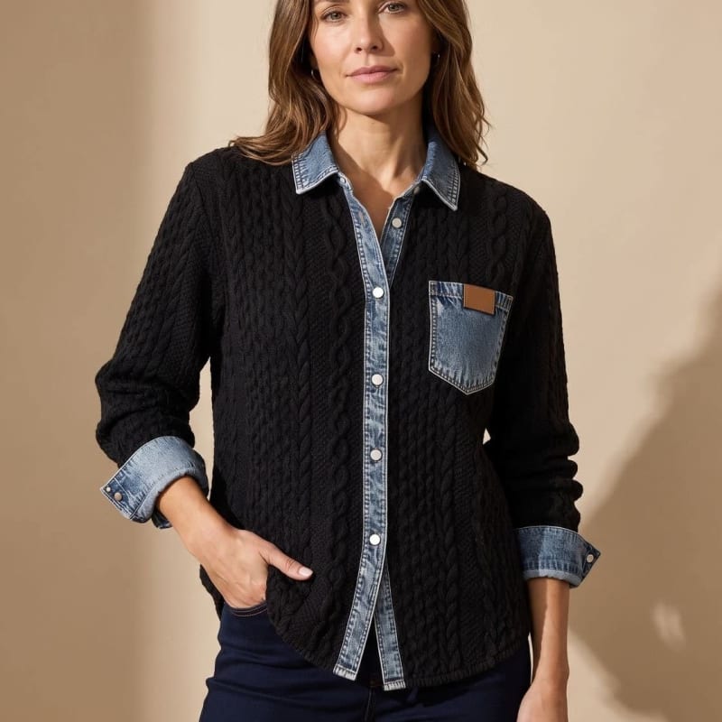 Women's Denim Collar Cable Knit Shacket | Sandhurst_1