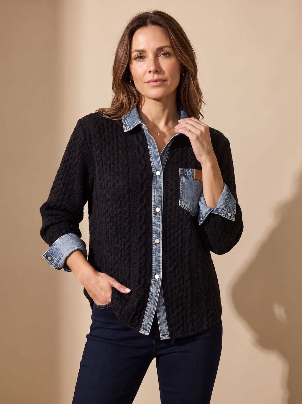 Women's Denim Collar Cable Knit Shacket | Sandhurst_2