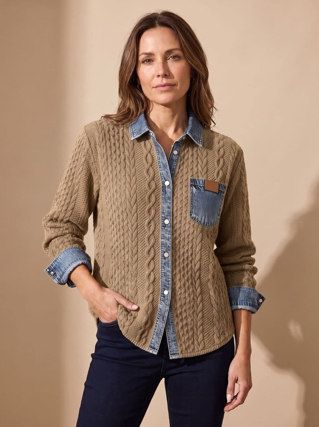Women's Denim Collar Cable Knit Shacket | Sandhurst_3