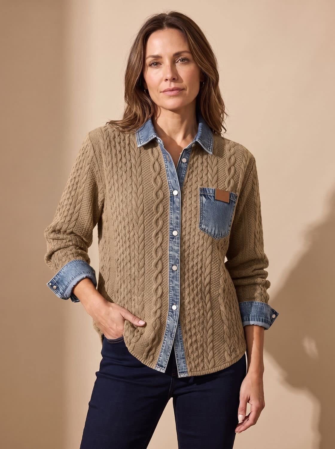 Women's Denim Collar Cable Knit Shacket | Sandhurst_3