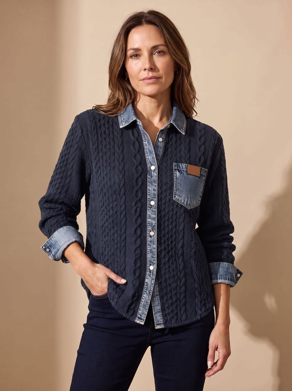 Women's Denim Collar Cable Knit Shacket | Sandhurst_4