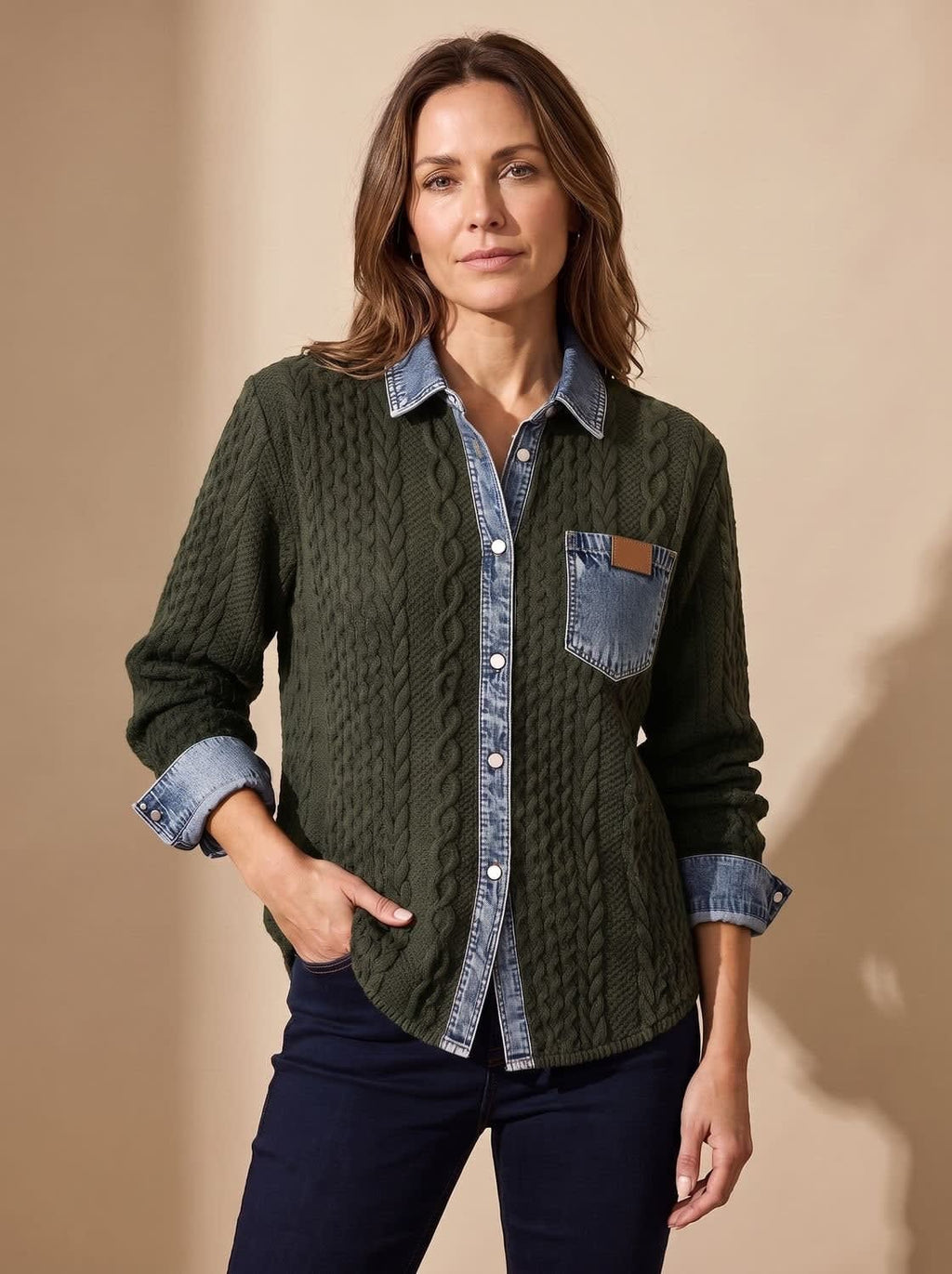 Women's Denim Collar Cable Knit Shacket | Sandhurst_5