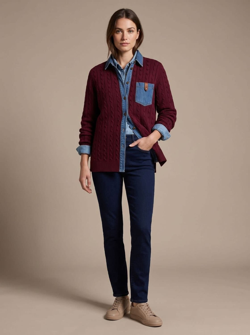 Women's Denim Collar Cable Knit Shacket | Sandhurst_6