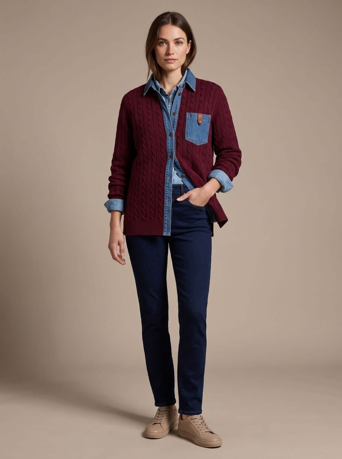 Women's Denim Collar Cable Knit Shacket | Sandhurst_6