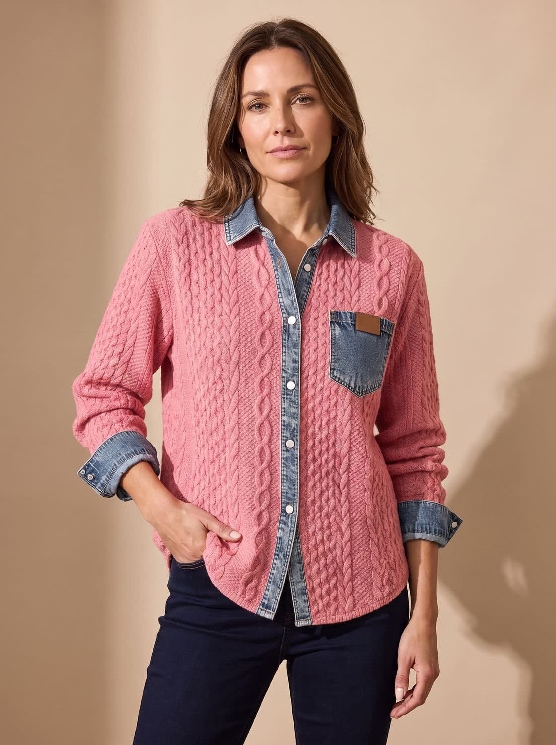 Women's Denim Collar Cable Knit Shacket | Sandhurst_7