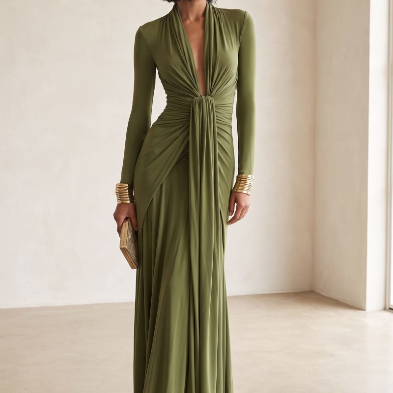 Women's Deep V-Neck Silky Maxi Dress | Ivy_1