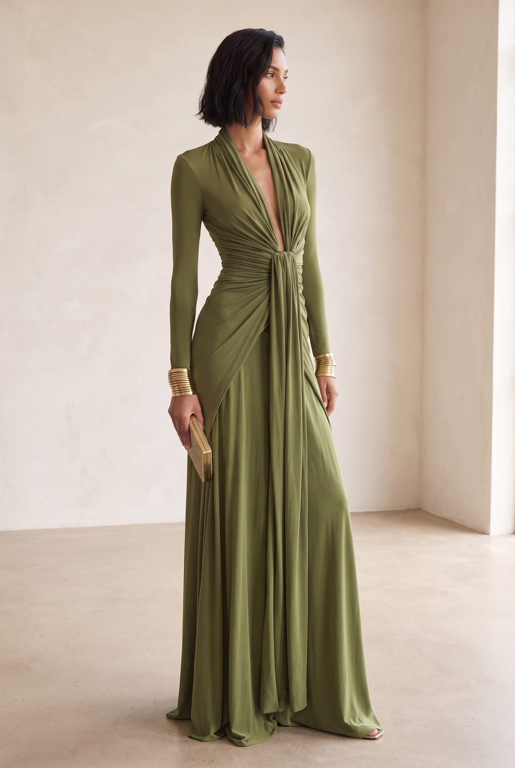 Women's Deep V-Neck Silky Maxi Dress | Ivy_2