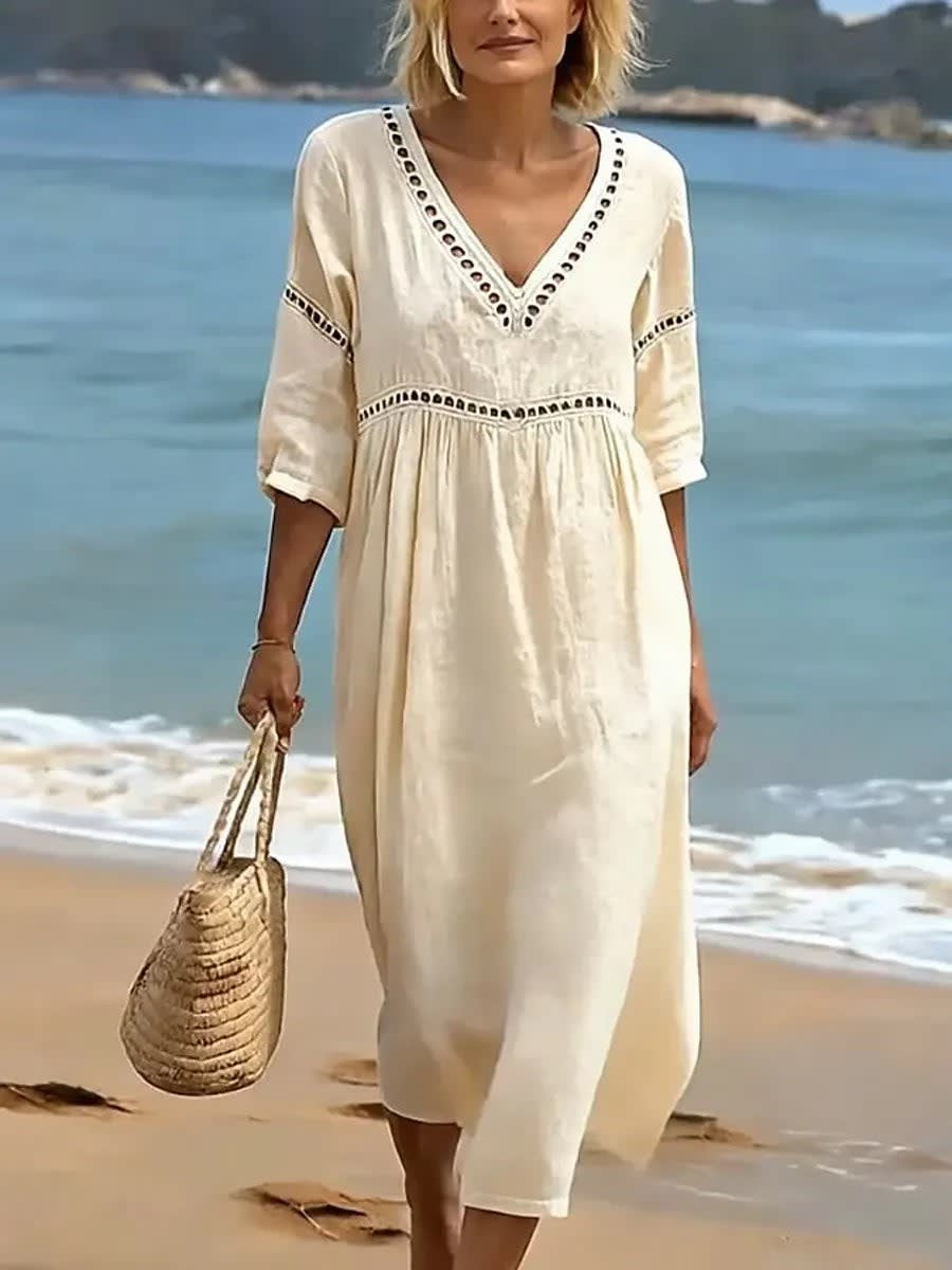 Women's Cotton V Neck Midi Dress | Danbury_3