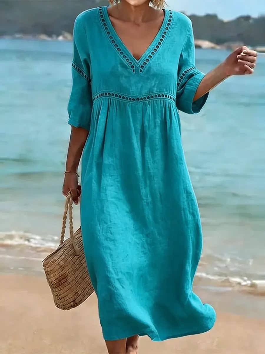 Women's Cotton V Neck Midi Dress | Danbury_4