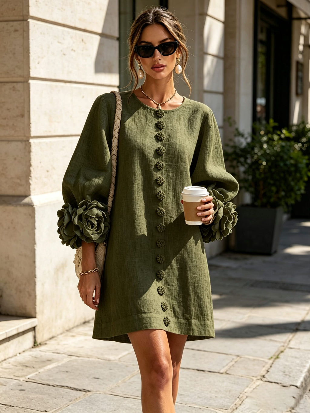 Women's Button Front Rosette Sleeve Mini Dress | Rookwood_10