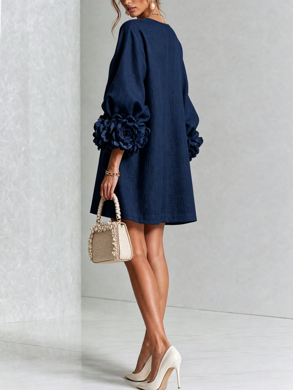Women's Button Front Rosette Sleeve Mini Dress | Rookwood_13