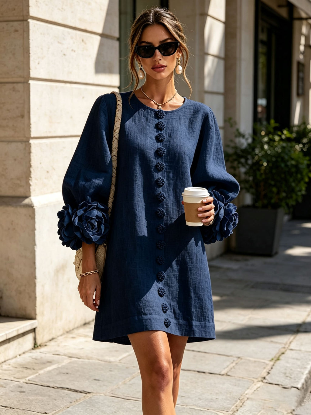 Women's Button Front Rosette Sleeve Mini Dress | Rookwood_14