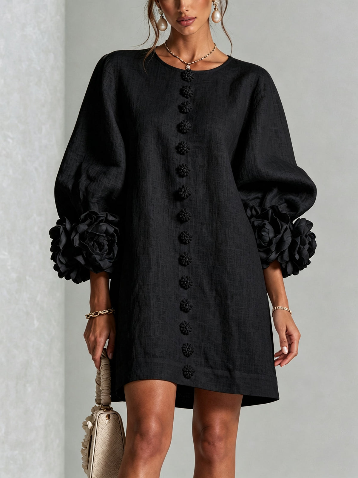 Women's Button Front Rosette Sleeve Mini Dress | Rookwood_15