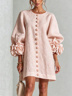 Women's Button Front Rosette Sleeve Mini Dress | Rookwood_19