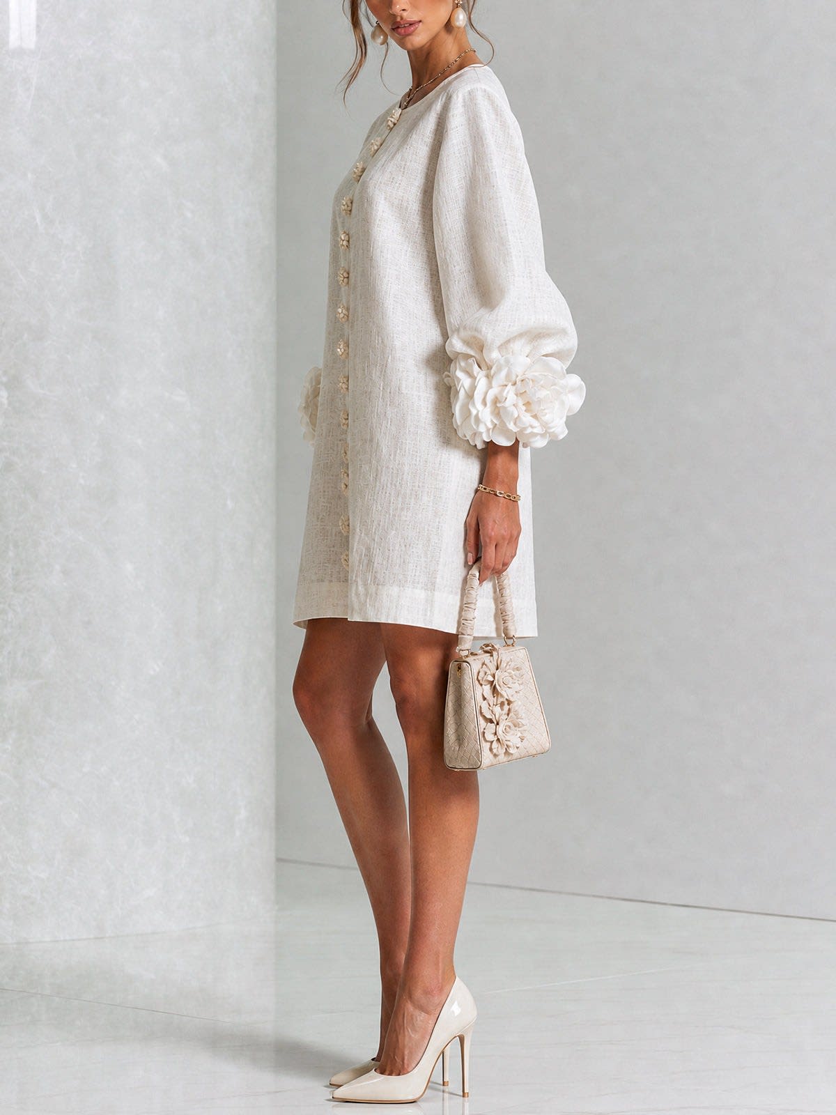Women's Button Front Rosette Sleeve Mini Dress | Rookwood_2