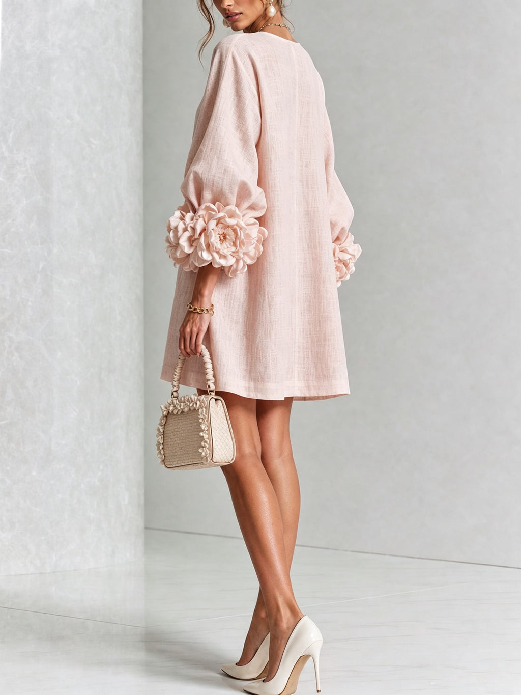 Women's Button Front Rosette Sleeve Mini Dress | Rookwood_21