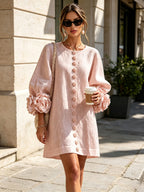 Women's Button Front Rosette Sleeve Mini Dress | Rookwood_22