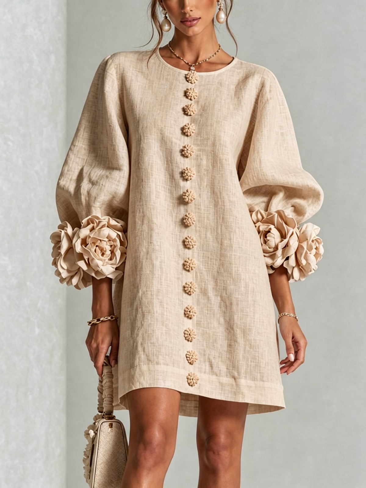 Women's Button Front Rosette Sleeve Mini Dress | Rookwood_23