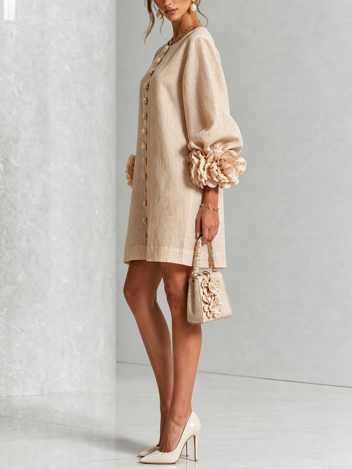 Women's Button Front Rosette Sleeve Mini Dress | Rookwood_24
